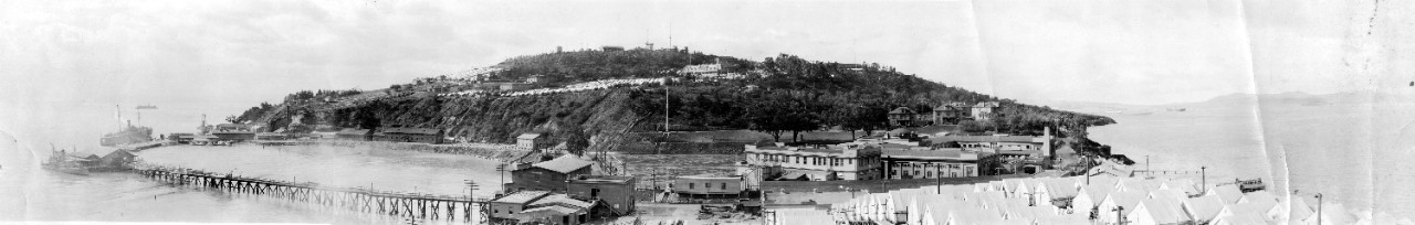 Oversized panoramic of Naval Training Station Treasure Island, CA, circa 1918-1920.