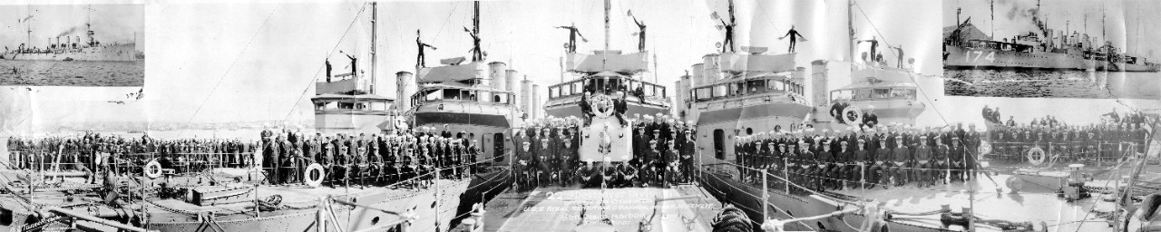 Oversized panoramic of the 22nd Destroyer Division - officers and crew of USS Rizal (DD-174), USS Renshaw (DD-176), USS O'Bannon (DD-177), USS Hogan (DD-178), and USS MacKenzie (DD-175) in San Diego Harbor, January 10, 1920. Note sailors with semaphore flags.