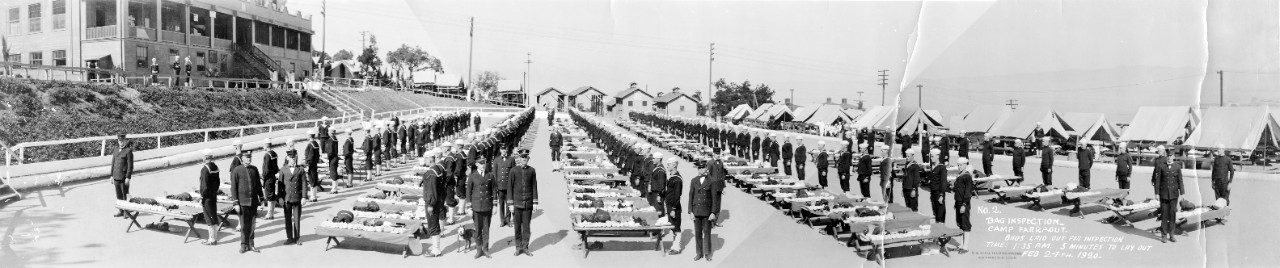 Oversize panoramic of bag inspection at Camp Farragut, US Naval Training Station San Francisco, February 1920