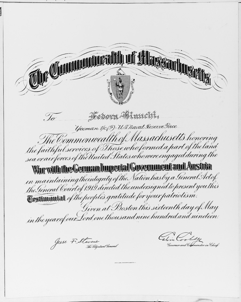 NH 66386 Commonwealth of Massachusetts War Service Certificate