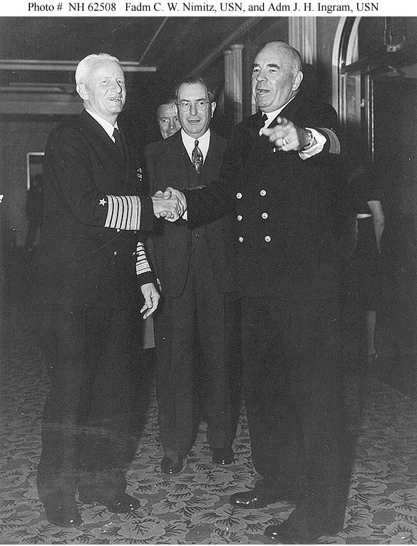 Photo #: NH 62508  Fleet Admiral Chester W. Nimitz, USN and  Admiral Jonas H. Ingram, USN