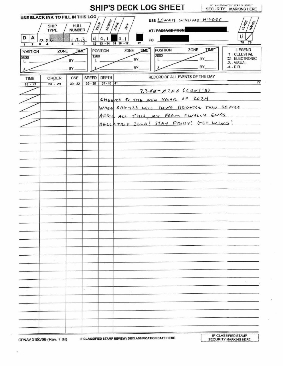 USS Lenah Sutcliffe Higbee (DDG-123) 2024 New Year's Deck Log Entry Page 2