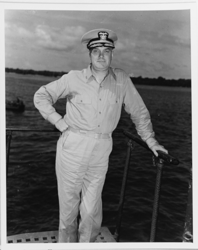 Ainsworth taken while on board light cruiser Honolulu (CL-48) at Espíritu Santo in the New Hebrides (Vanuatu), 7 August 1943. (U.S. Navy Photograph 80-G-342810, Copy in the Photographic Section, Naval History and Heritage Command)