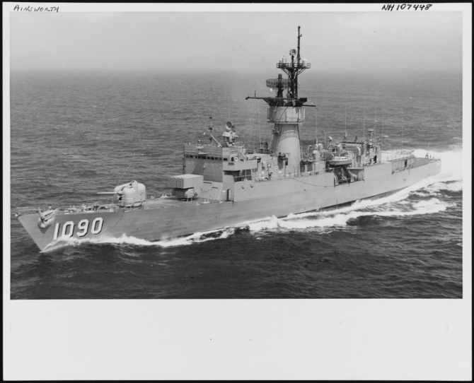 Newly commissioned Ainsworth slices cleanly through the calm waters of Chesapeake Bay in this port bow picture of the ship, April 1973. (PHC Roger E. Barnes, U.S. Navy Photograph NH 107448, Photographic Section, Naval History and Heritage Command)