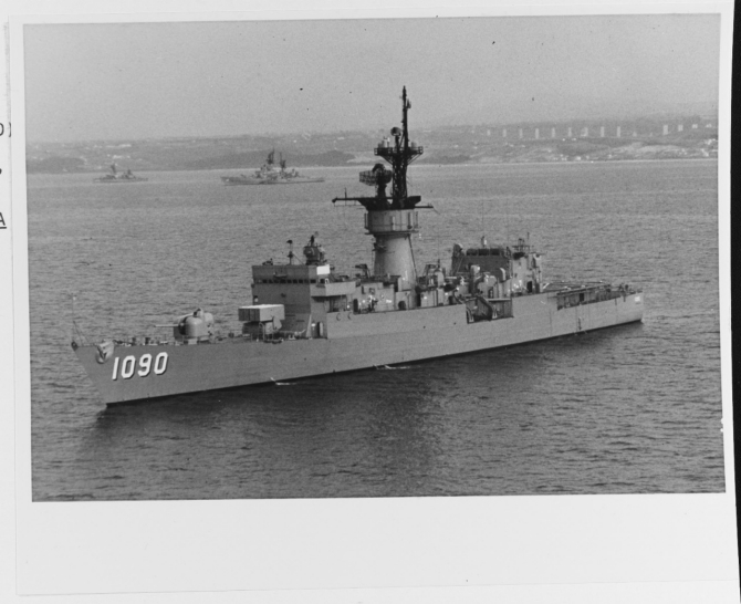A photographer on board Saratoga captures a port bow shot of the ship as she operates with the carrier in the Atlantic, January 1976. Despite her operational tempo the frigate sports what appears to be a fresh coat of paint. (U.S. Navy Photograph K-113217, Photographic Section, Naval History and Heritage Command)
