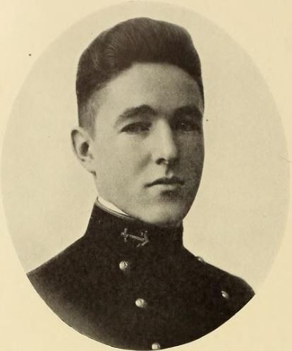 Portrait of Arthur DeLancey Ayrault, a Caucasian young adult male in a midshipman's uniform, anchor on collar visible on left side of picture. Picture taken from the 1921 U.S. Naval Academy's yearbook, "Lucky Bag", page 92.