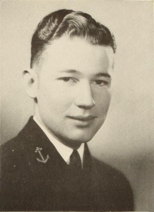 Portrait of Clarence Andrew Barninger, Jr., a Caucasian young adult male in a midshipman's uniform, anchor on collar visible on left side of picture. Picture taken from the 1937 U.S. Naval Academy's yearbook, "Lucky Bag", page 201.