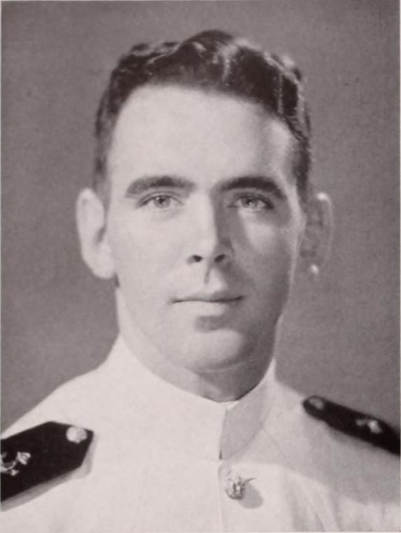 Portrait of Clarence Andrew Barninger, Jr., a Caucasian young adult male in a midshipman's uniform, anchors on shoulderboards are visible on both sides of picture. Picture taken from the 1943 U.S. Naval Academy's yearbook, "Lucky Bag", page 308.