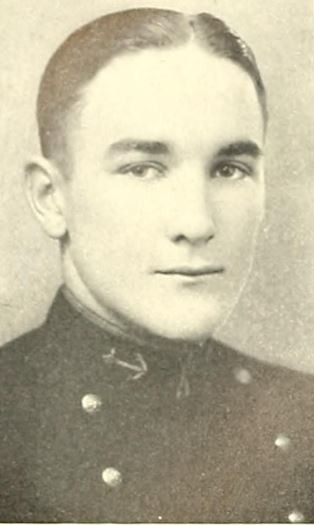 Portrait of a Caucasian male in a U.S. Navy midshipman uniform, anchor on collar is visible on left side of photo.  Copied from the 1927 Lucky Bag, page 148.