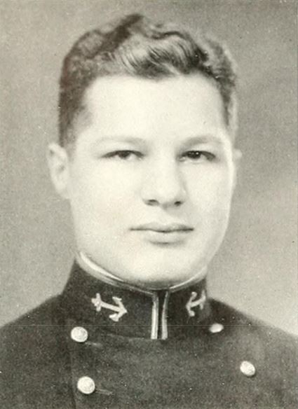 Portrait of Stevan Mandarich, a young Caucasian male wearing a U.S. Navy midshipman uniform, anchors on collar visible. Photo taken from 1933 U.S. Naval Academy's yearbook, 'Lucky Bag', page 266.