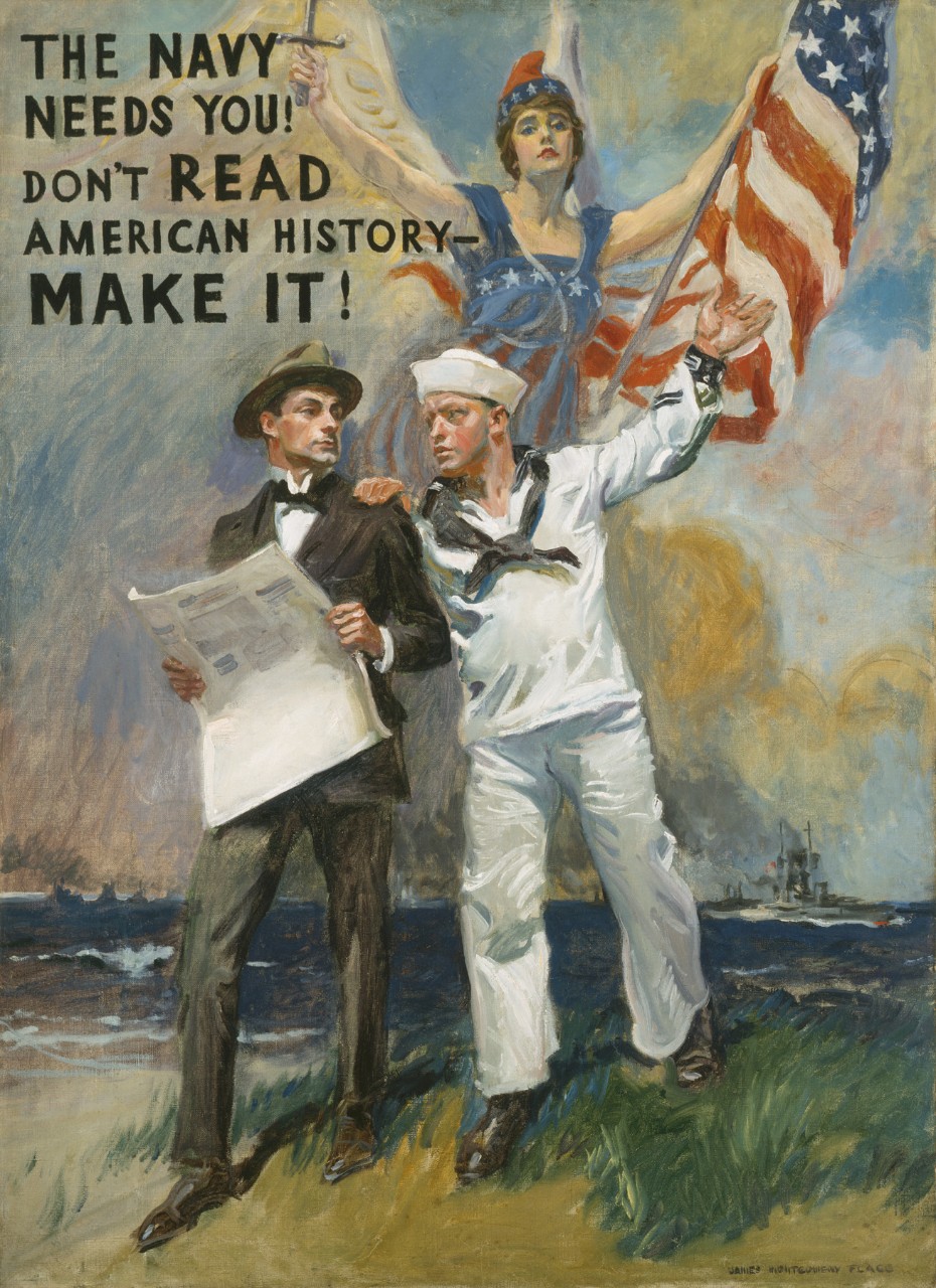 A man in civilian clothes holds a newspaper. The sailor next to him has his hand on the first man’s shoulder. Behind them is a ghostly female figure dressed in the American flag. Upper left it says “The Navy Needs You Don’t Read American History ...
